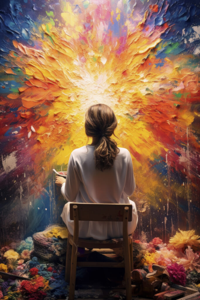 back view woman painting home