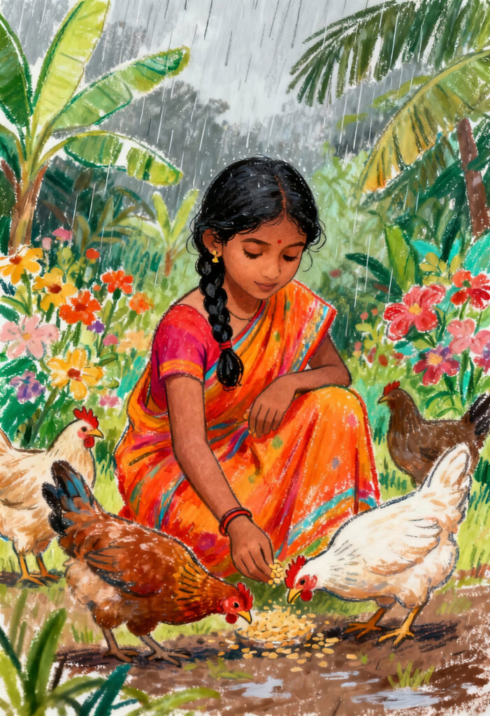 young girl feeding chickens rainy tropical garden (1)